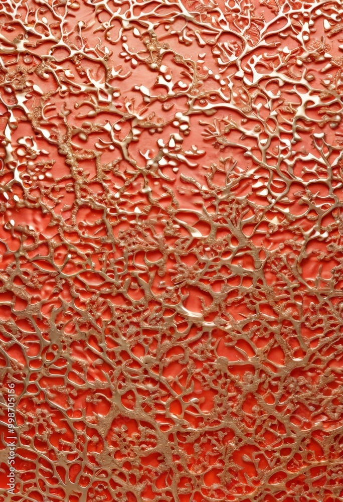 Poster a close-up view of a textured surface with a pattern of small, irregularly shaped holes or cavities in a vibrant orange color. The pattern is not uniform, with some