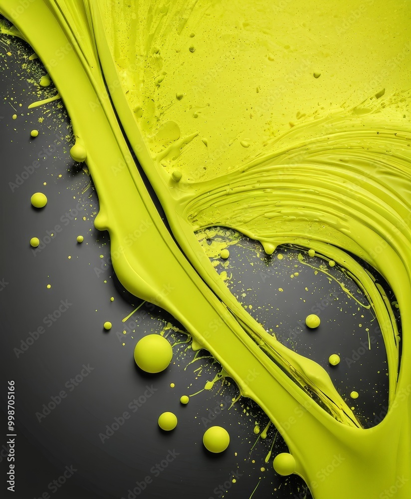 Poster a vibrant abstract composition of yellow paint splatters and droplets against a dark background, creating a dynamic and energetic visual effect.