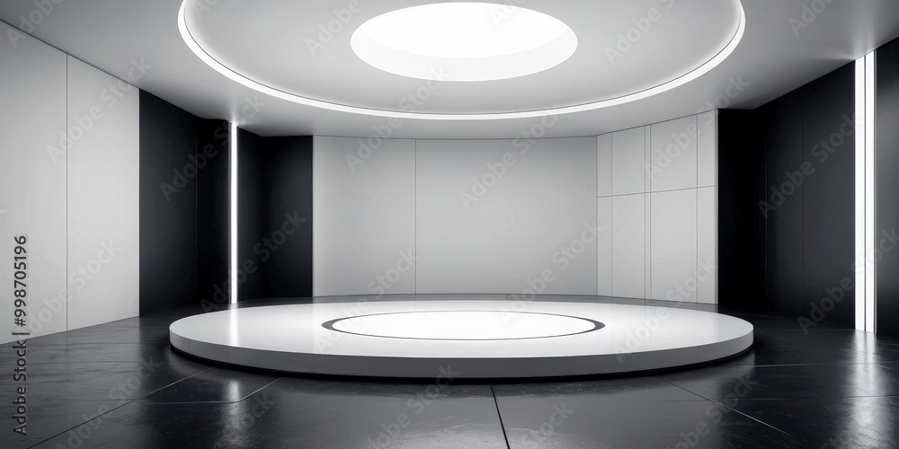 Poster A minimalist, circular stage with a white floor and a circular light at the top, set against a stark black and white background