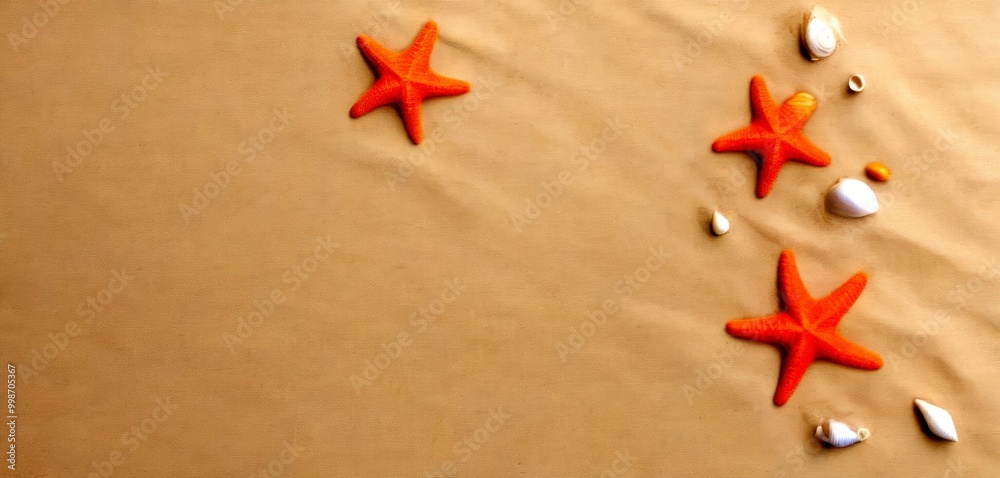 Poster three orange starfish and various white and beige shells are arranged diagonally on a light beige ba