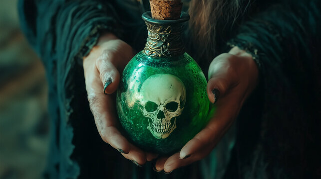 Close up de m&atilde;os de uma bruxa segurando um frasco de veneno verde com uma caveira humana