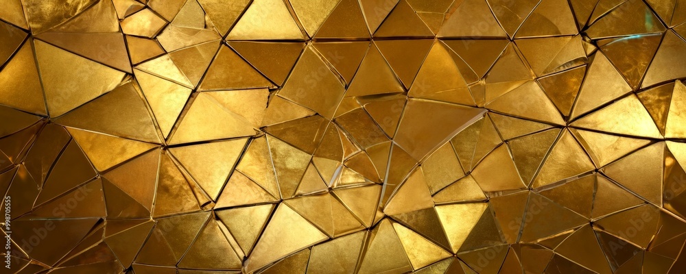 Poster a close-up view golden mosaic composed of numerous triangular tiles arranged in a complex pattern
