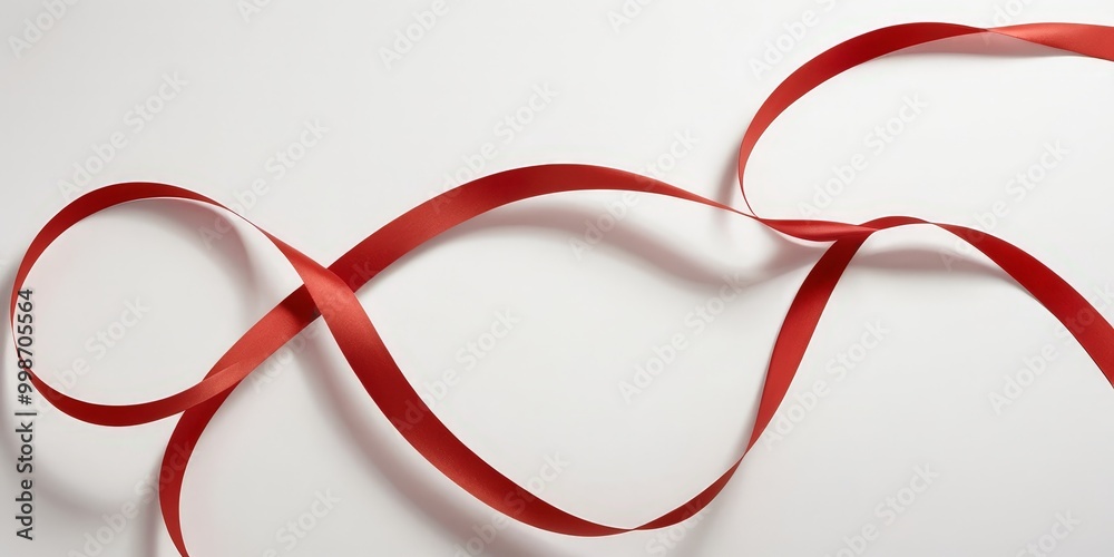Poster red ribbon, twisted and coiled, forms an abstract heart shape against a white background