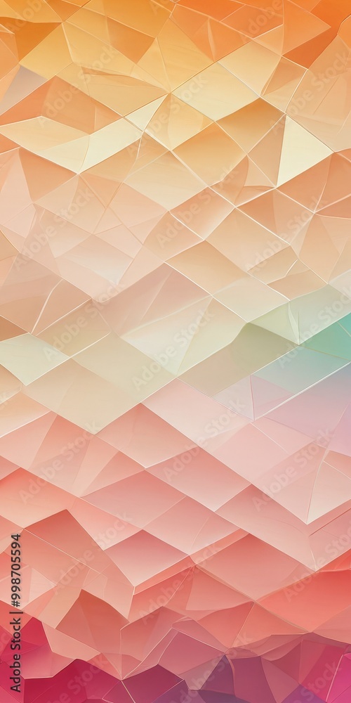 Poster a vibrant, abstract pattern composed of overlapping triangular shapes in various shades of orange, pink, and yellow, creating a dynamic and visually striking composition.