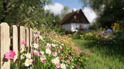 Blooming russian cottage garden for spring bliss: perfect for posters or cards