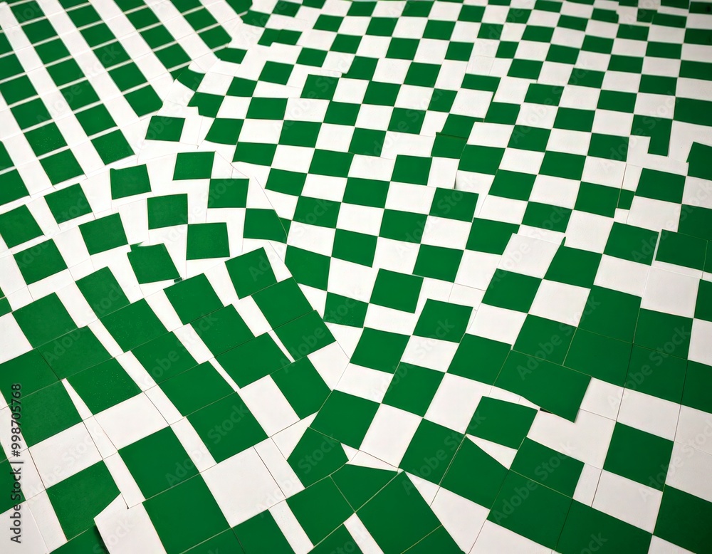 Poster a close-up view pattern of green and white squares, with some squares appearing to be slightly tilted or distorted, creating a sense of movement and dynamism