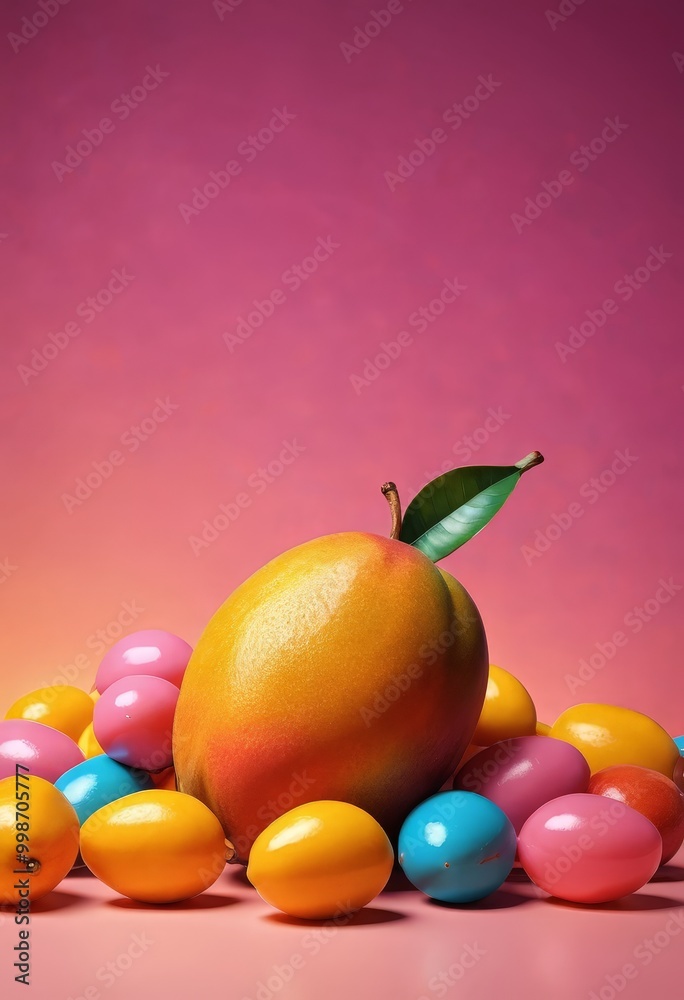 Poster a vibrant still life composition featuring a large mango with a green leaf, surrounded by a variety 