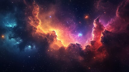 Fototapeta premium Colorful cloud nebula with stars shining bright, supernova burst in the distance, cosmic energy fills the night sky. Space science and astronomy.