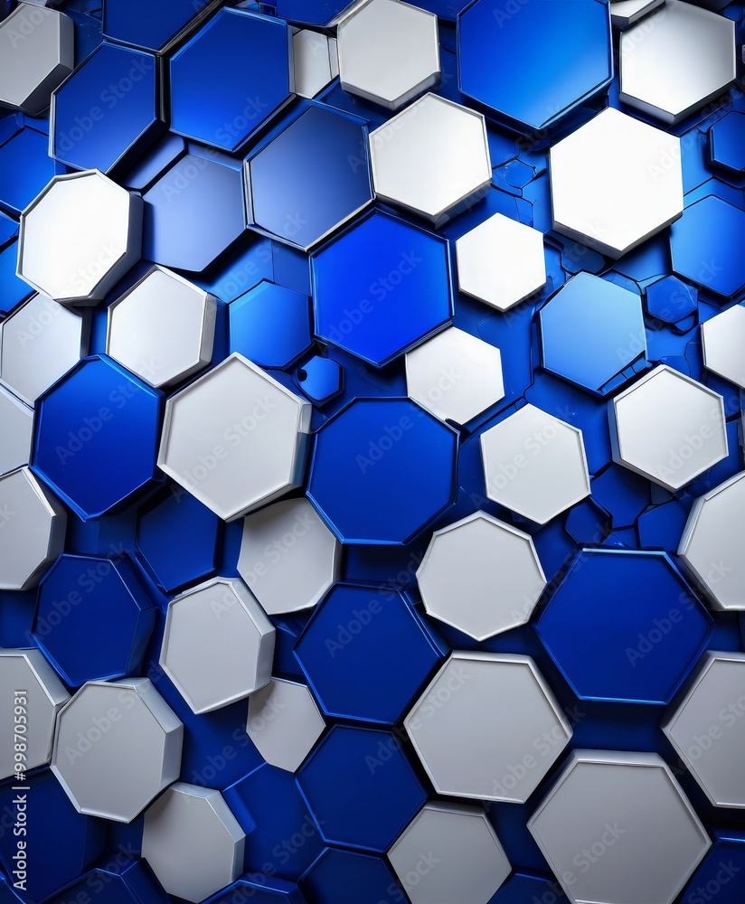 Poster a blue and white hexagonal pattern, with the white hexagons arranged in a grid-like fashion against 