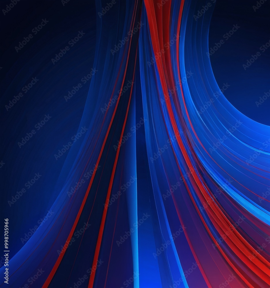 Poster a striking abstract composition of curved lines in blue, red, and black, creating a sense of movemen