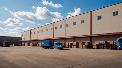 Fototapeta premium A logistics warehouse building with a background of blue sky