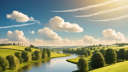 A serene countryside scene on a warm summer day, bathed in soft, golden light, with gentle, rolling green hills that stretch towards the horizon, punctuated by clusters of tall, swaying trees 