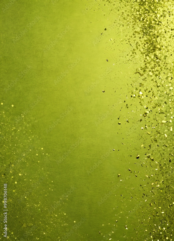 Poster a vibrant green background with scattered gold glitter particles, creating a shimmering and sparkling effect
