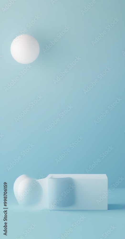 Poster a minimalist scene with a white sphere and a white cube against a light blue background