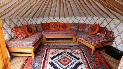 Fototapeta premium Cozy mongolian yurt interior with vibrant traditional design for home decor inspiration