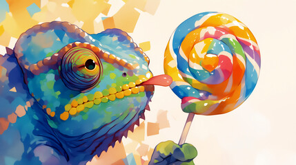 Fototapeta premium Rotund chameleon's tongue stuck to a colorful lollipop, changing colors to match