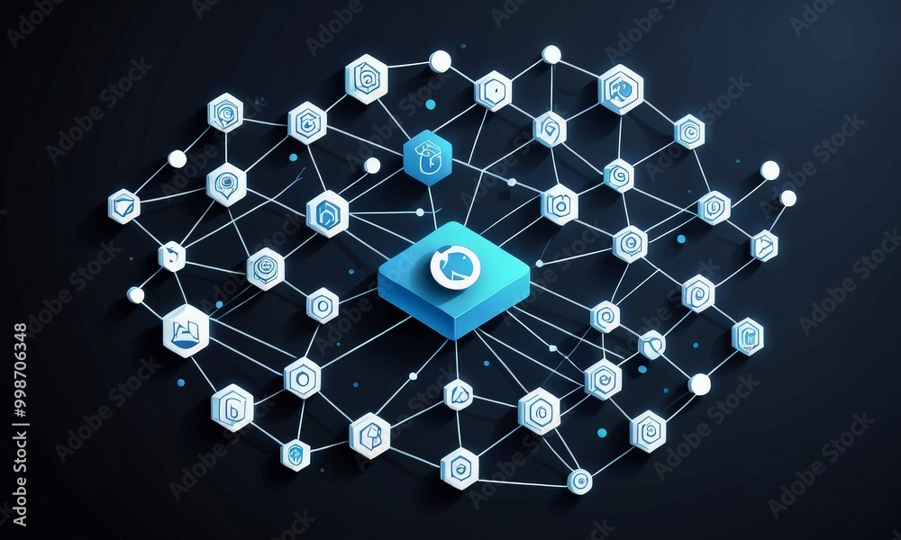 Aufkleber A complex network of interconnected hexagonal icons, each representing a different application or service, is displayed against a dark background