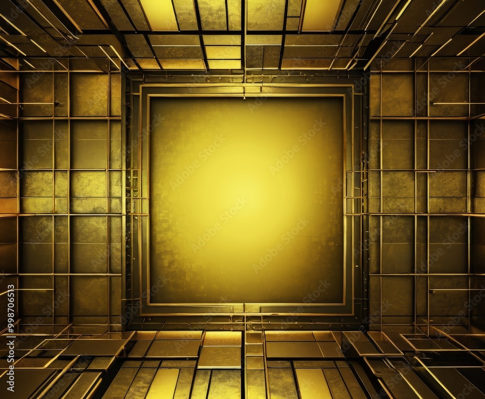 Poster a golden geometric pattern, featuring a square frame with a blank center, surrounded by a grid-like structure of intersecting lines and rectangles