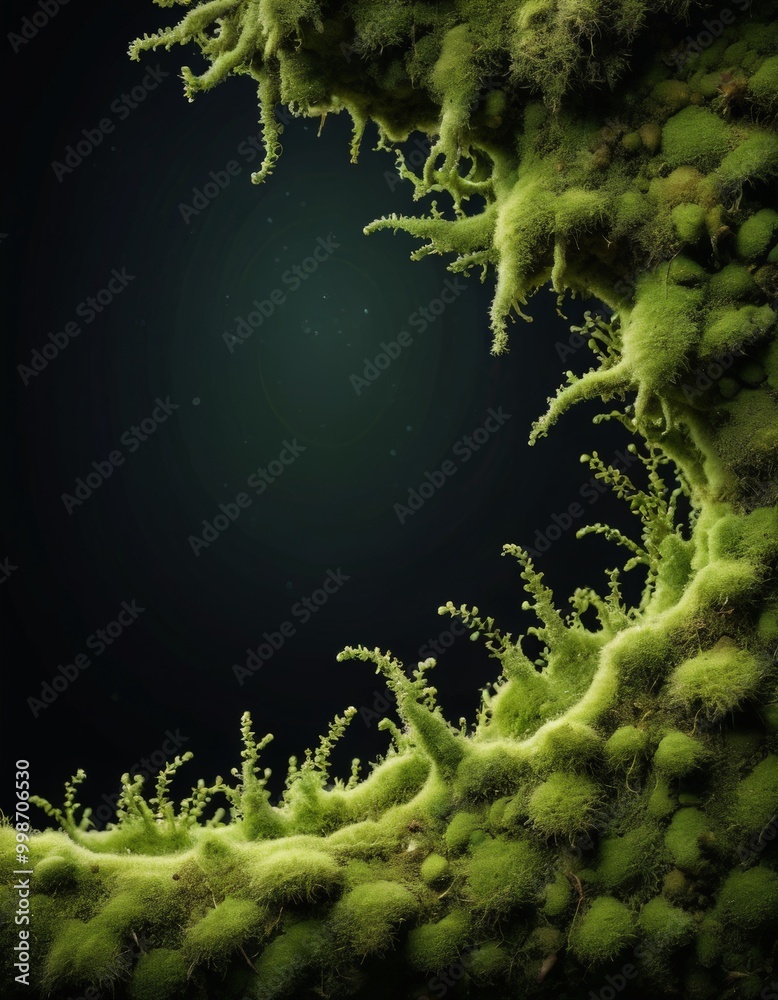 Poster a close-up view moss-covered rock formation, with the moss's green hue contrasting against the dark 