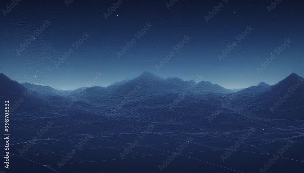 Poster a digital landscape with mountains and a starry night sky, featuring a network of lines and dots