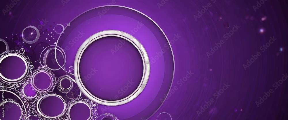Poster a purple background with a central circular frame and a scattering of smaller circular shapes surrounding it