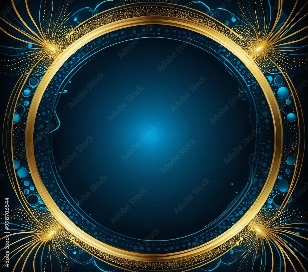 Poster a circular frame with a dark blue background and a gold border adorned with blue and gold patterns and designs The frame is surrounded by a border of gold lines and