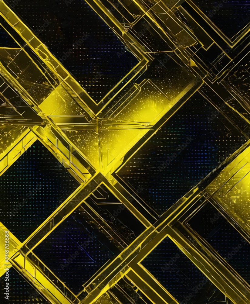 Aufkleber a digital illustration featuring a complex pattern of intersecting lines and rectangles in shades of yellow and black, creating a visually striking and