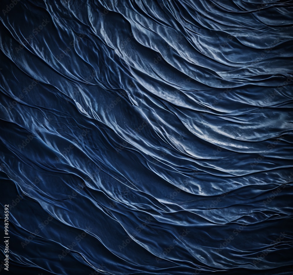 Poster a close-up view textured surface, possibly a fabric or a painting, with a dark blue color and a wavy