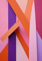 a vibrant abstract composition of overlapping paper strips in various shades of pink, purple, and orange, creating a dynamic and visually striking pattern