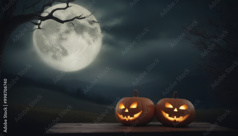 Poster two jack-o'-lanterns with carved faces sit on a wooden surface, with a full moon and a bare tree in 