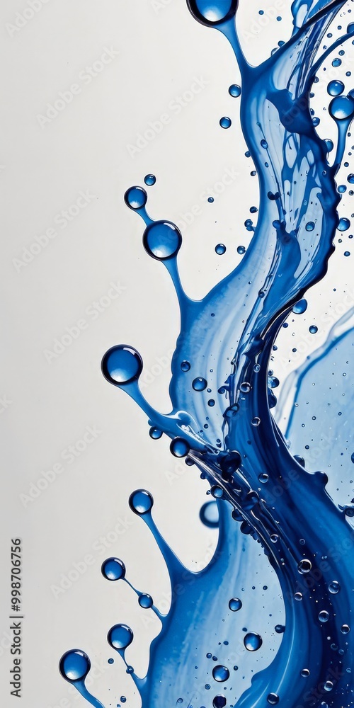 Poster a dynamic scene of blue water splashing and swirling, with numerous water droplets suspended in mid-