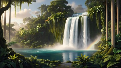 A breathtaking tropical landscape with a majestic cascading waterfall, its crystal-clear waters tumbling 30 feet down a moss-covered rockface, surrounded by dense, vibrant jungle greenery