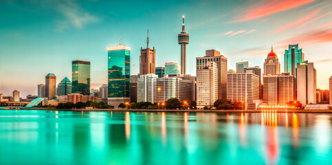 vibrant city skyline with colorful mint sunset reflection