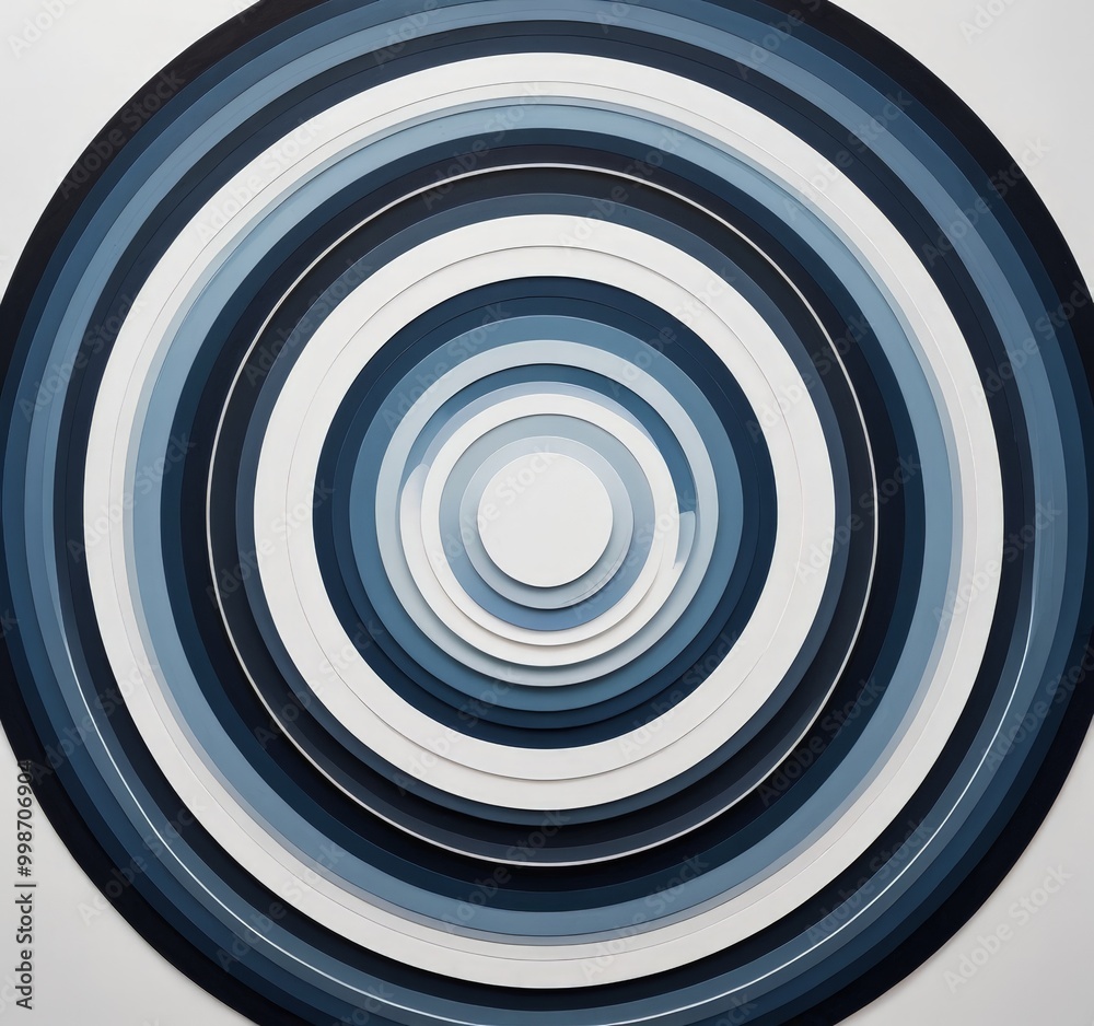 Poster a circular arrangement of concentric circles in varying shades of blue and white, creating a visually striking and abstract pattern