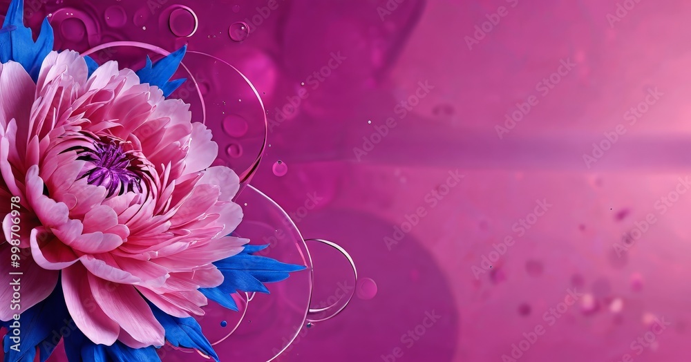 Poster a vibrant pink peony flower with blue petals is set against a purple background with bubbles, creati