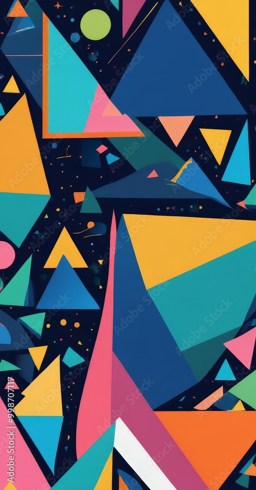 Poster a vibrant abstract composition of overlapping triangles in various colors, including blue, orange, p
