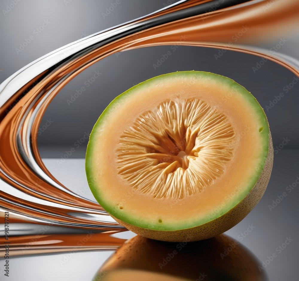 Poster a halved melon with a vibrant green rind and a golden interior rests on a reflective surface, with a