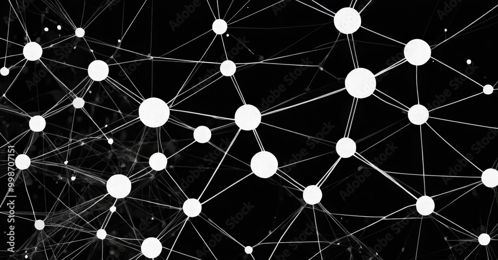 Poster a black and white abstract composition of interconnected lines and dots, resembling a network of interconnected nodes or points