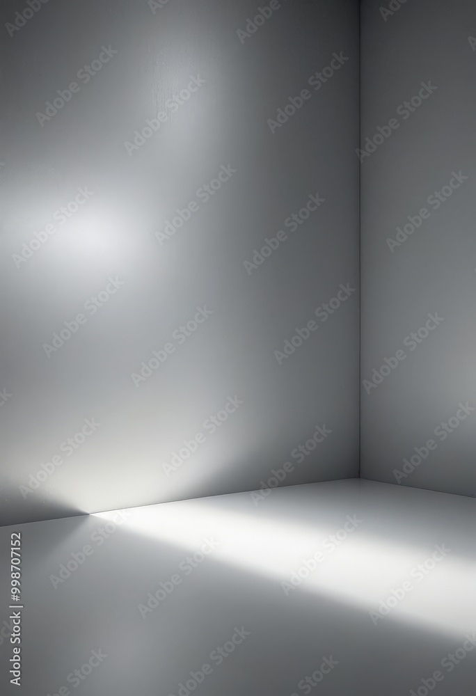 Poster A minimalist, monochromatic room with a stark white wall and a single, bright light source casting a long shadow on the floor