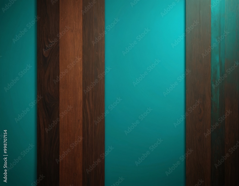 Poster a vertical arrangement of wooden planks in varying shades of brown and teal, creating a visually app