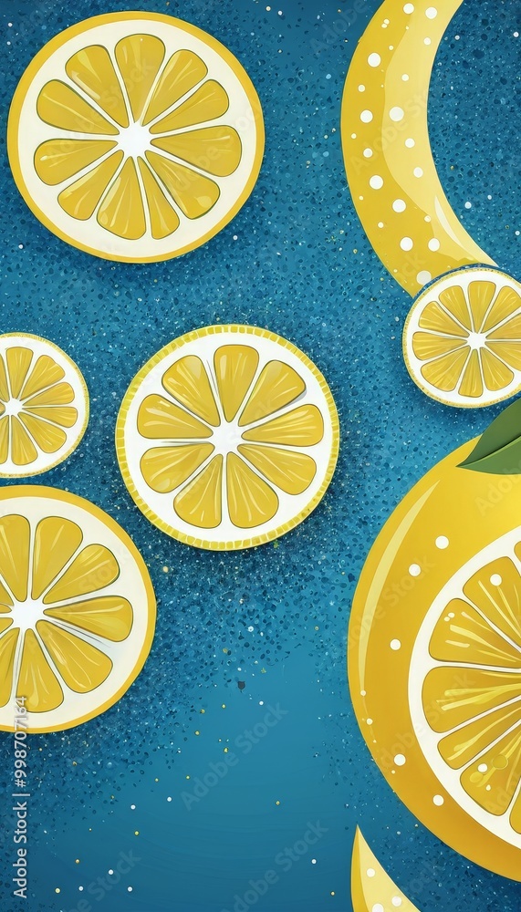 Aufkleber a collection of lemon slices arranged in a circular pattern against a blue background with white polka dots