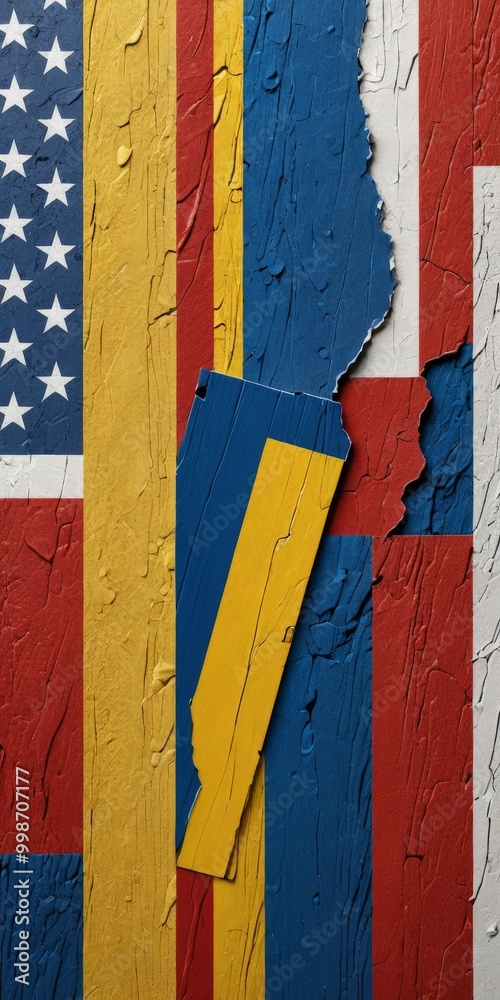 Poster a vibrant, abstract composition of overlapping flag patterns, with a yellow and blue flag-like shape in the center