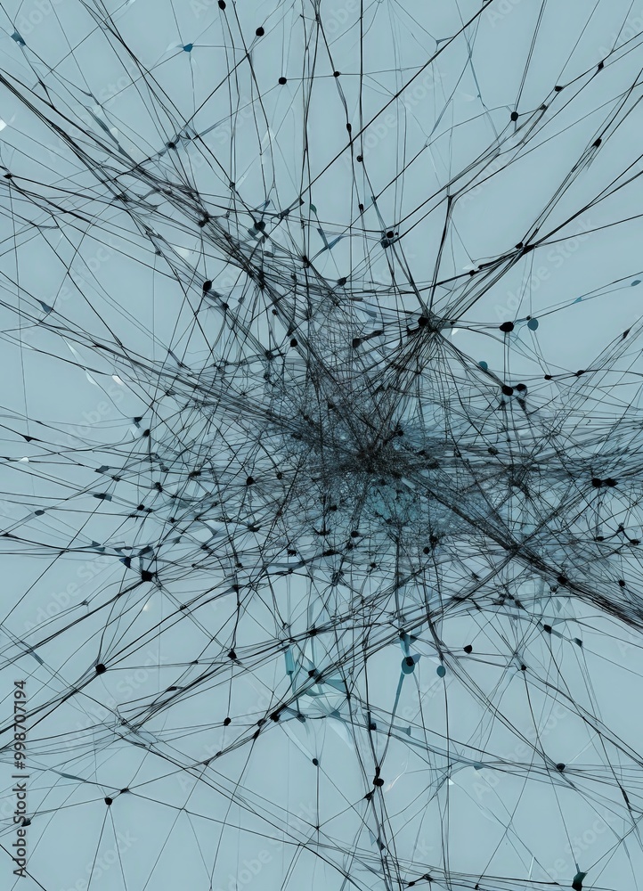 Poster a complex network of interconnected lines and dots, resembling a web or a dense network, against a light blue background