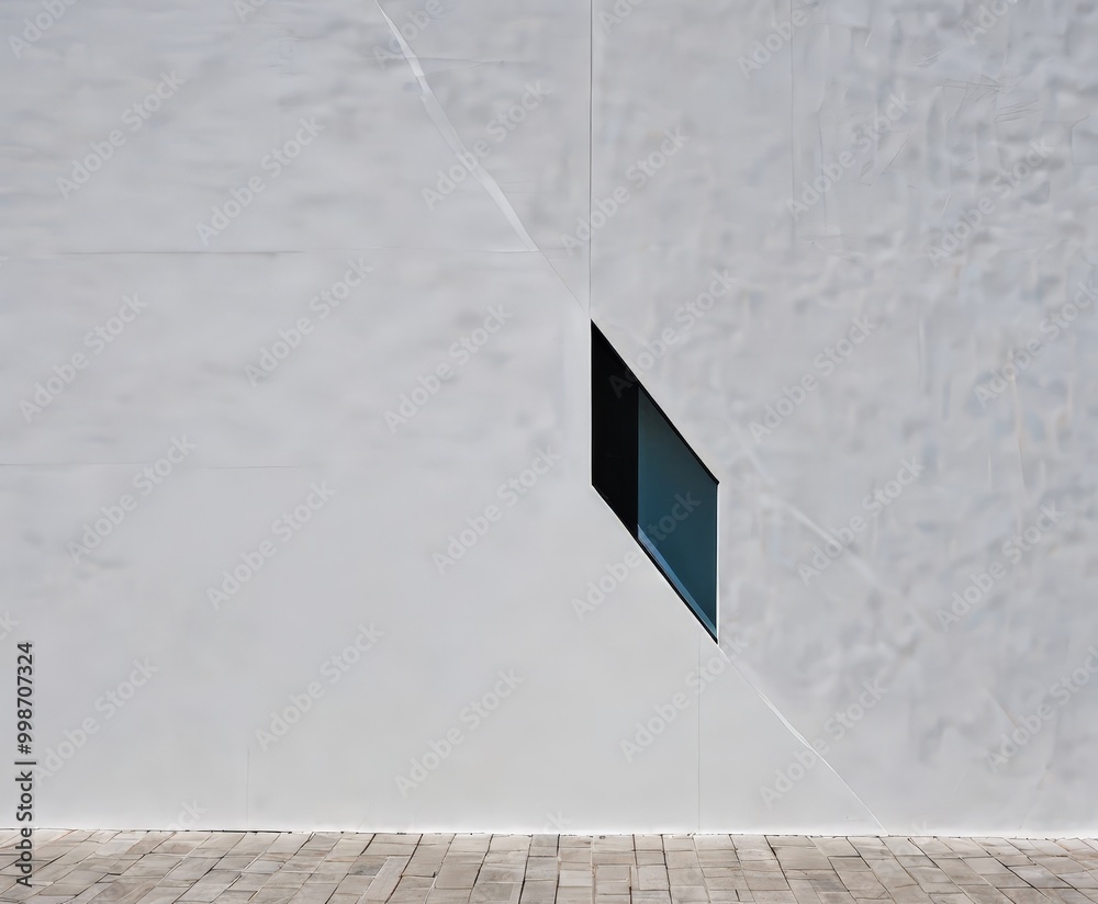 Poster a minimalist architectural design with a white wall and a black rectangular window, set against a br