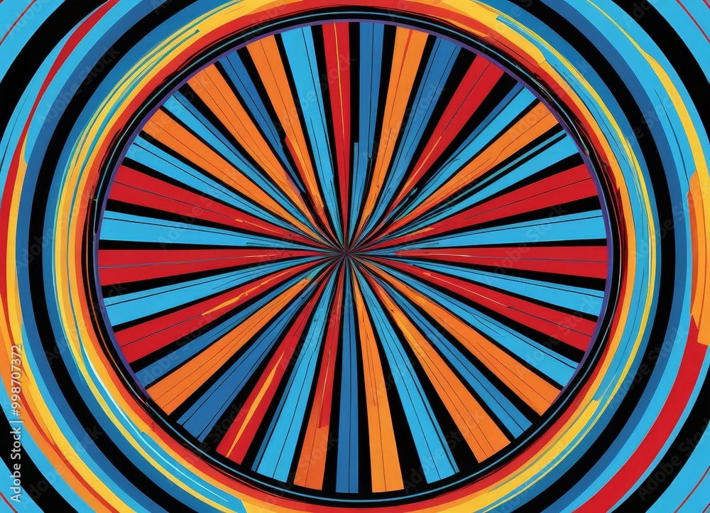 Poster a vibrant, abstract design with a central circular motif composed of radiating lines in various colors, including red, orange, yellow, blue, and black.