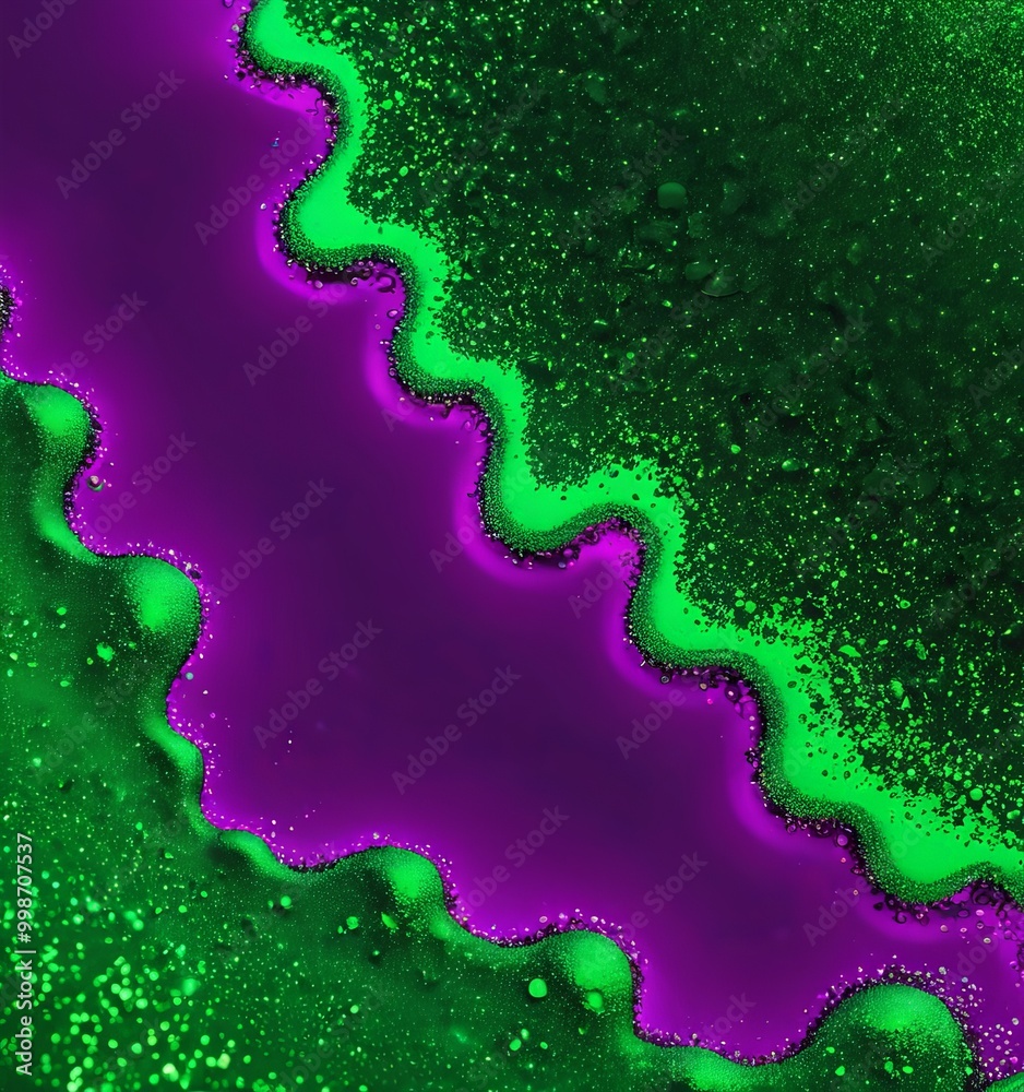Poster a vibrant abstract composition with a gradient of purple and green hues, interspersed with small bub