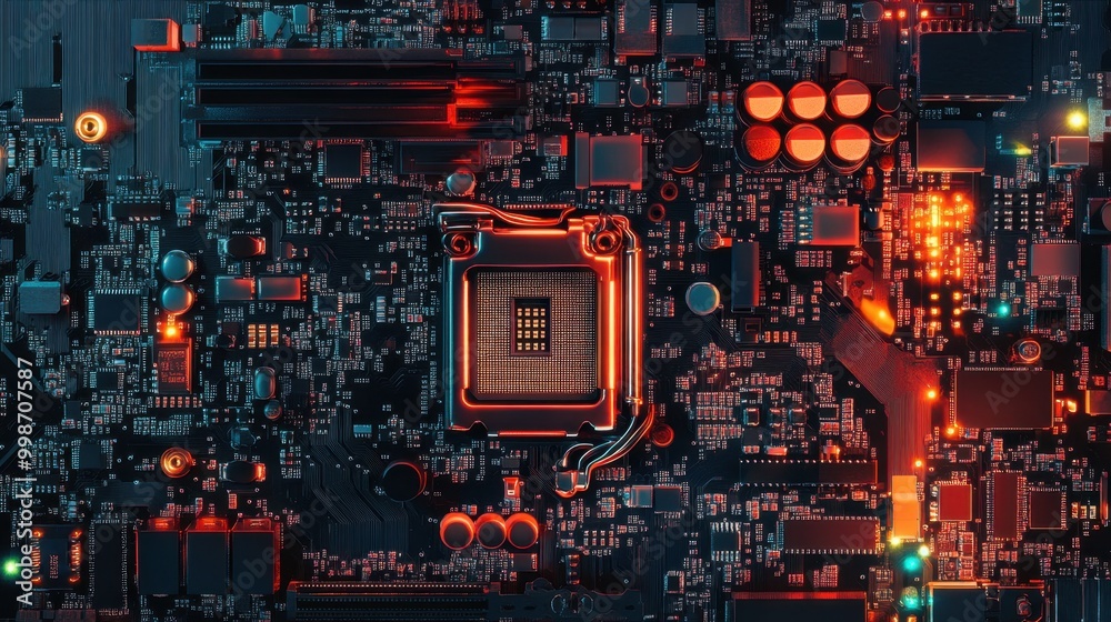 Poster colorful computer motherboard with cpu processors and intricate data circuits, showcasing the core o