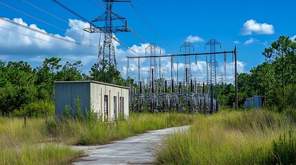 Obraz premium An exterior view of a transformer station, highlighting the transformers, power lines, and substations that facilitate electricity distribution within the plant.