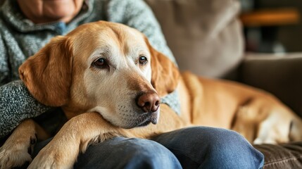 Obraz premium A senior person sitting on a couch with a dog resting on their lap, both enjoying a quiet emotional bond
