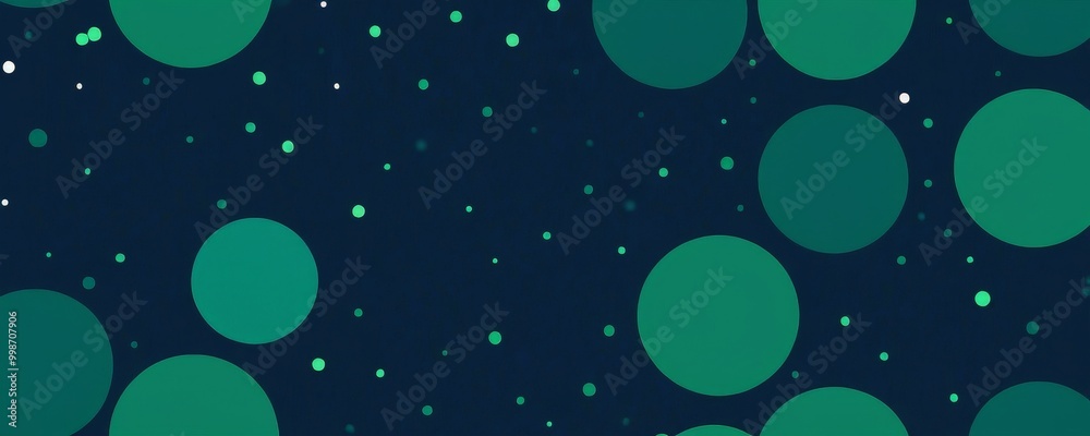 Poster a dark blue background with scattered green circles and white dots, creating a visually striking and abstract pattern